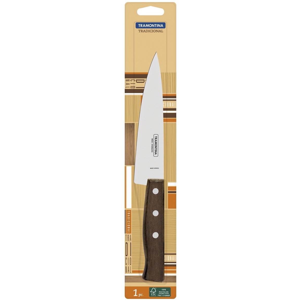 Faca Peixeira e Cozinha Tramontina Tradicional com Lâmina em Aço Inox e Cabo em Madeira Natural 7"
