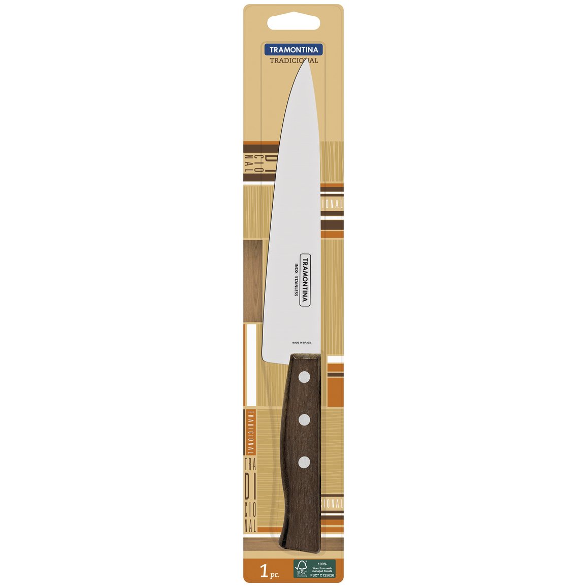 Faca Peixeira e Cozinha Tramontina Tradicional com Lâmina em Aço Inox e Cabo em Madeira Natural 8"