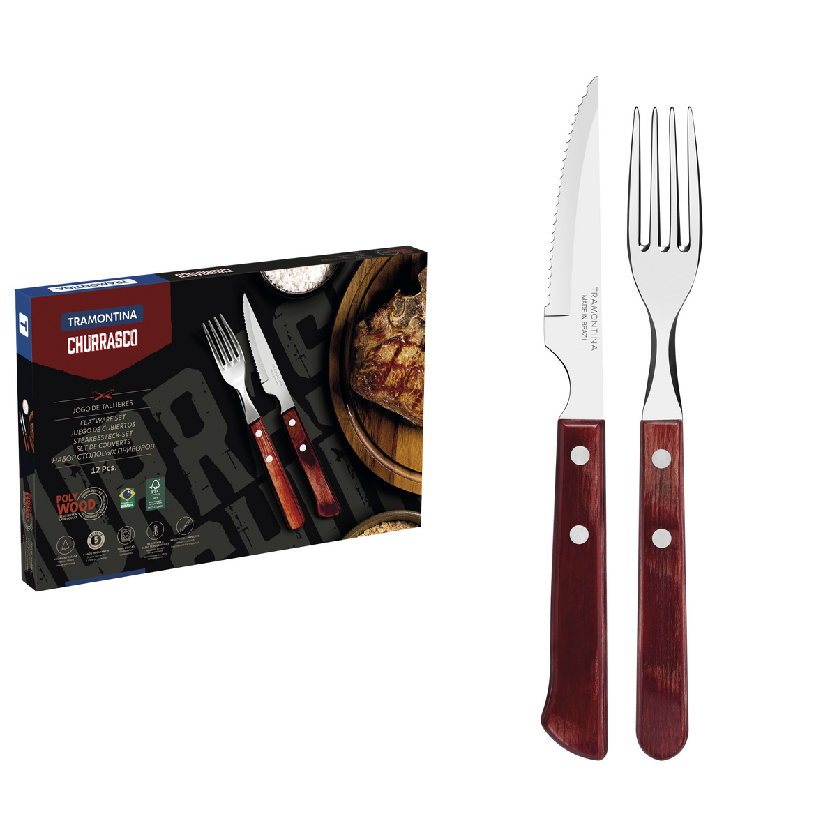 Jogo de Talheres para Churrasco Tramontina em Aço Inox com Cabo Vermelho Polywood 12 Peças