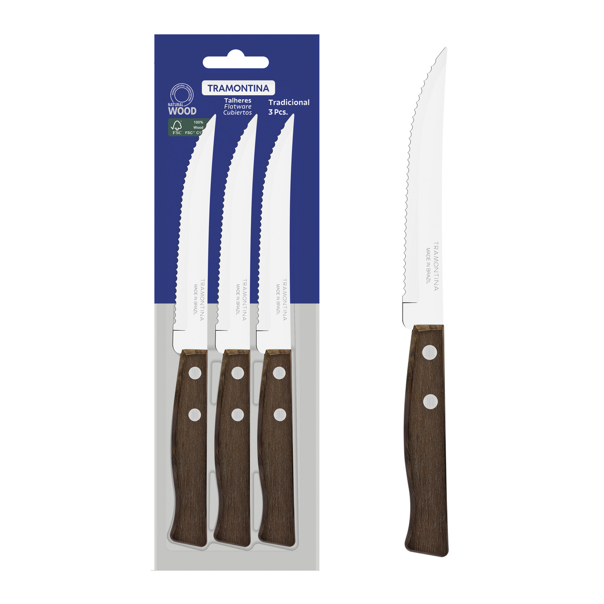 Conjunto de Facas para Churrasco e Frutas Tramontina Tradicional com Lâminas em Aço Inox e Cabos de Madeira Natural 3 Peças