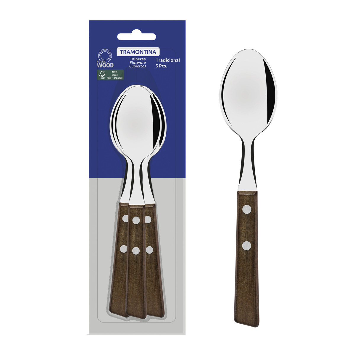 Conjunto de Colheres de Mesa Tramontina Tradicional com Lâminas em Aço Inox e Cabos de Madeira Natural 03 Peças