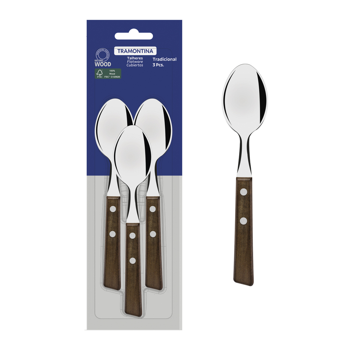 Conjunto de Colheres para Chá Tramontina Tradicional com Lâminas em Aço Inox e Cabos de Madeira Natural 03 Peças