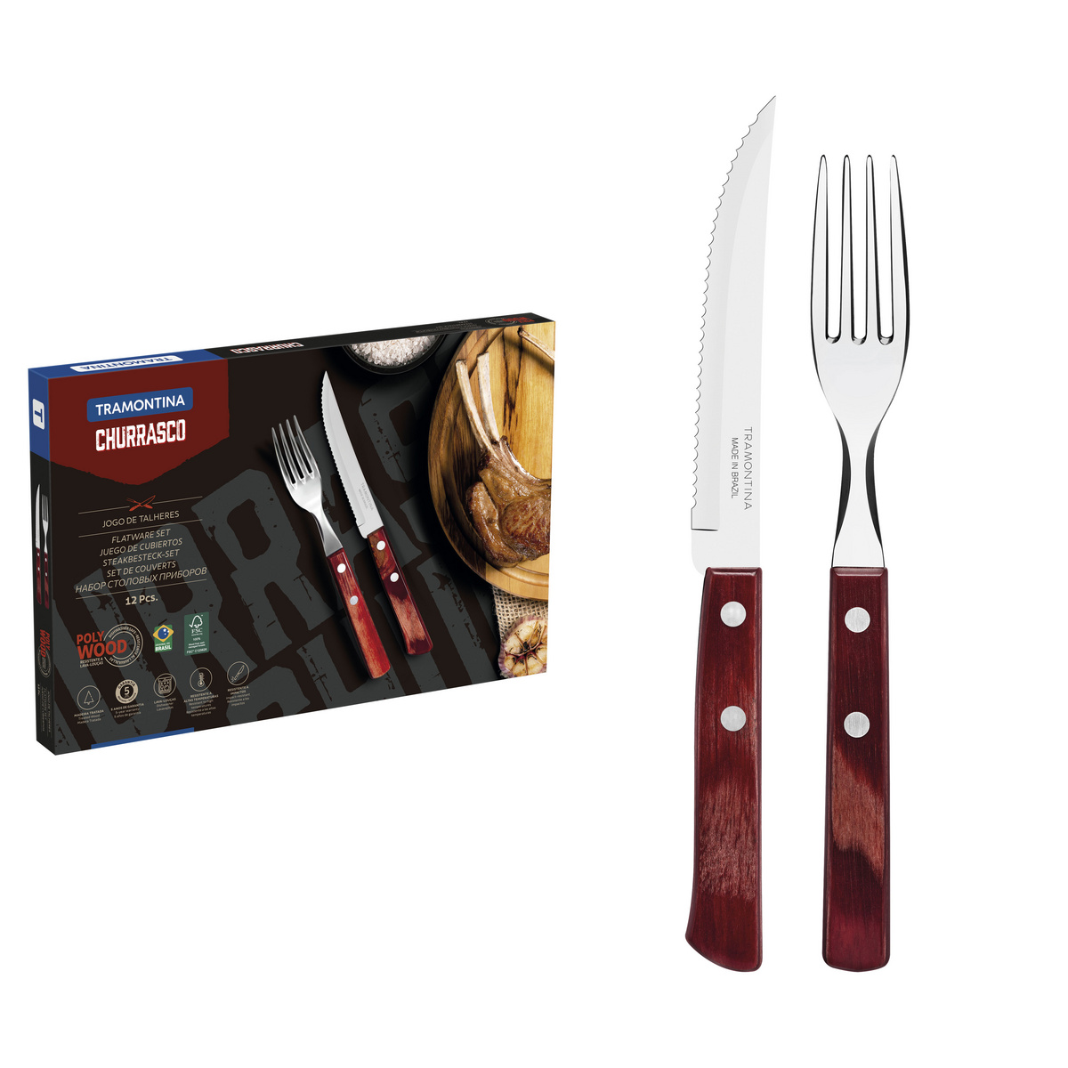 Jogo de Talheres para Churrasco Tramontina em Aço Inox com Cabo Vermelho Polywood 12 Peças