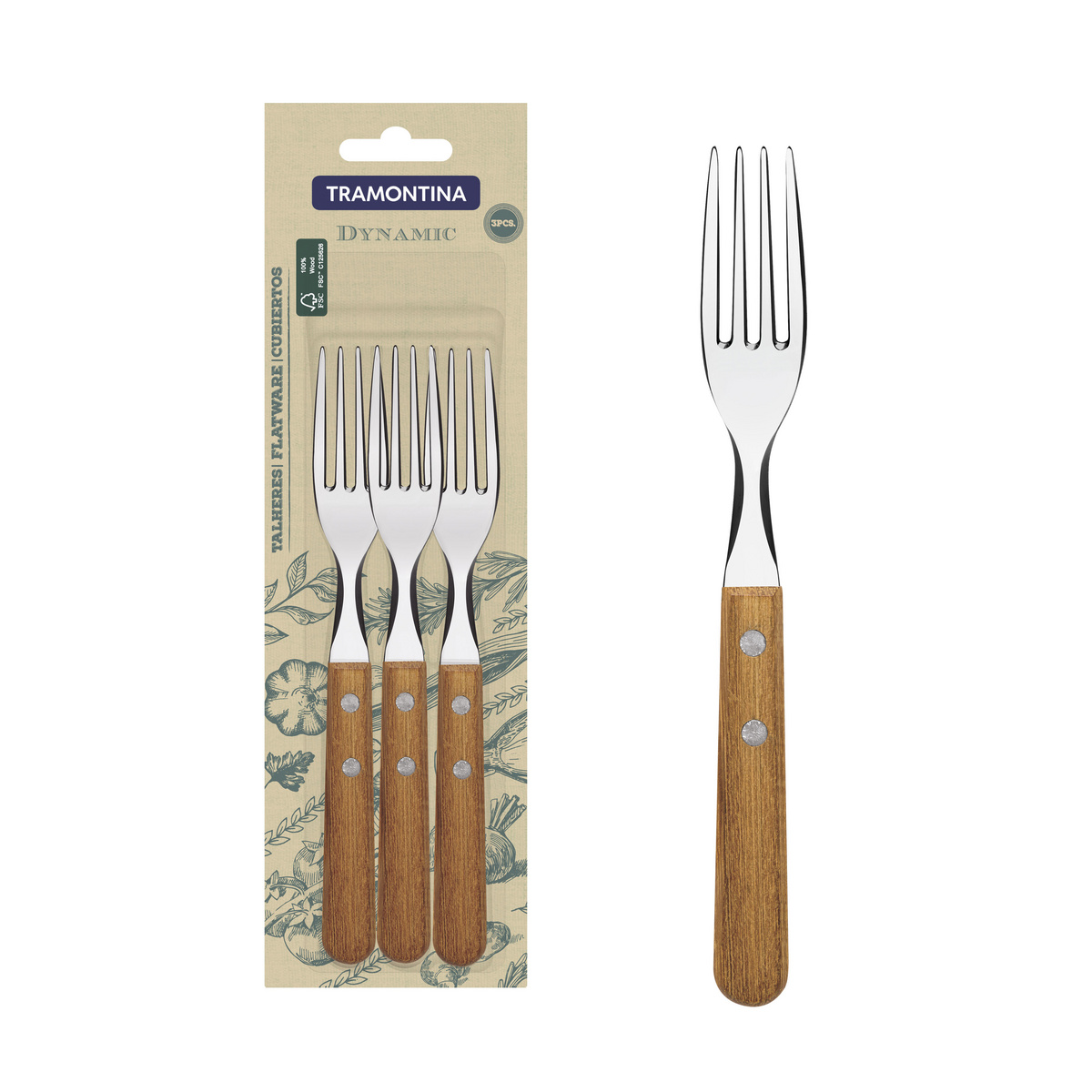 Conjunto de Garfos de Mesa Tramontina Dynamic com Lâminas em Aço Inox e Cabos de Madeira Natural 3 Peças
