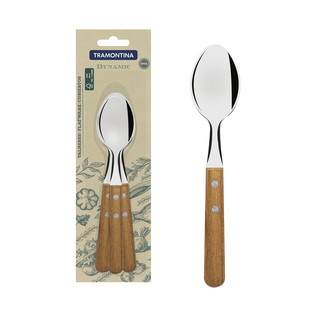 Conjunto de Colheres de Mesa Tramontina Dynamic com Lâminas em Aço Inox e Cabos de Madeira Natural 03 Peças