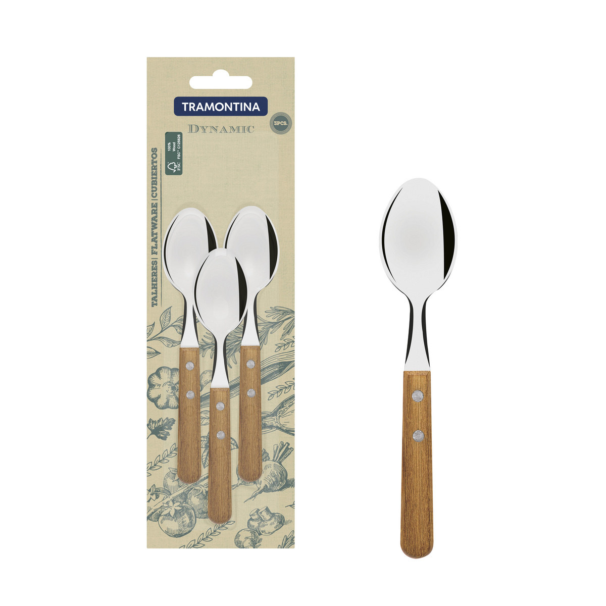 Conjunto de Colheres para Chá Tramontina Dynamic com Lâminas em Aço Inox e Cabos de Madeira Natural 03 Peças
