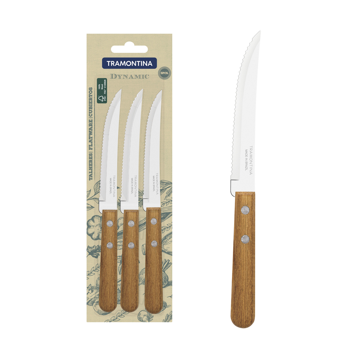Conjunto de Facas para Churrasco e Frutas Tramontina Dynamic com Lâminas em Aço Inox e Cabos de Madeira Natural 03 Peças