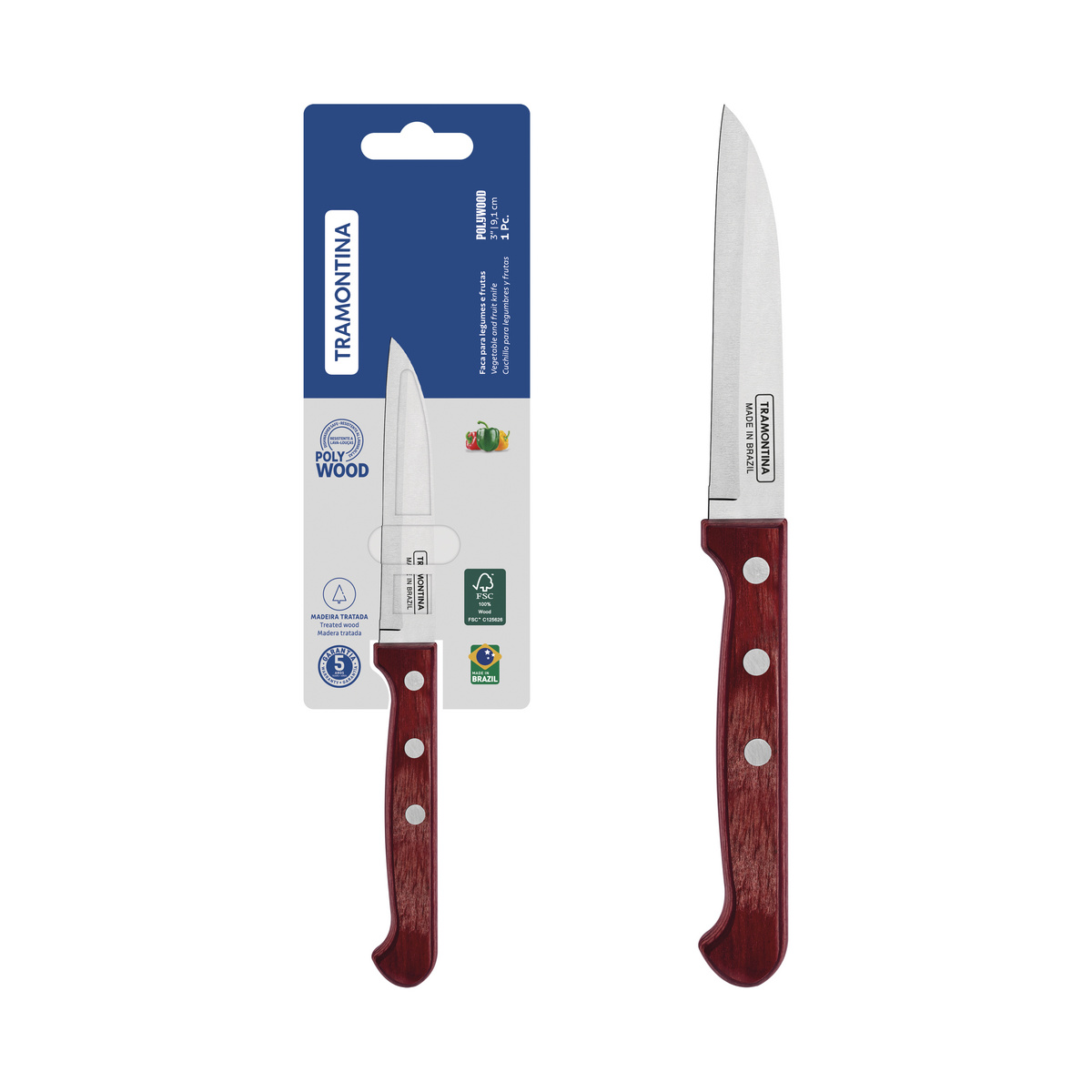 Faca para Legumes e Frutas Tramontina Polywood com Lâmina em Aço Inox e Cabo de Madeira Tratada Vermelho 3"