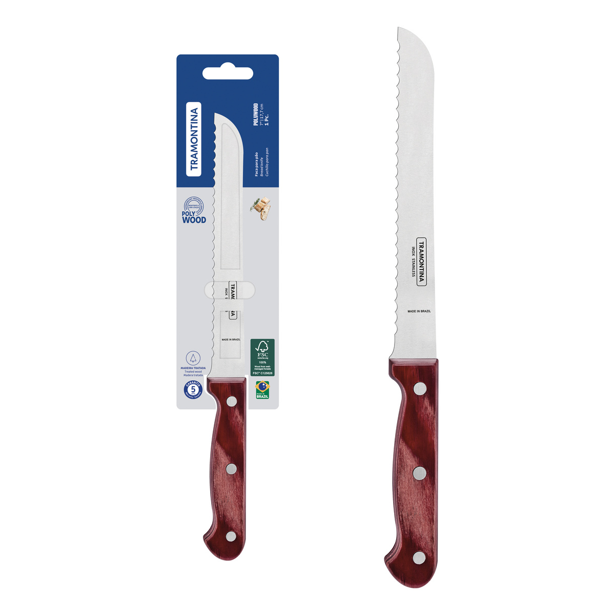 Faca para Pão Tramontina Polywood com Lâmina em Aço Inox e Cabo de Madeira Tratada Vermelho 7"