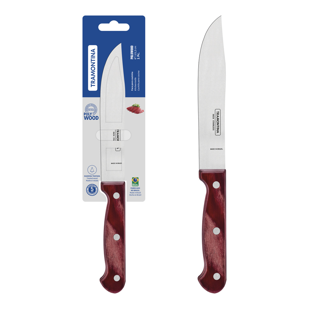 Faca para Cozinha Tramontina Polywood com Lâmina em Aço Inox e Cabo de Madeira Tratada Vermelho 6"