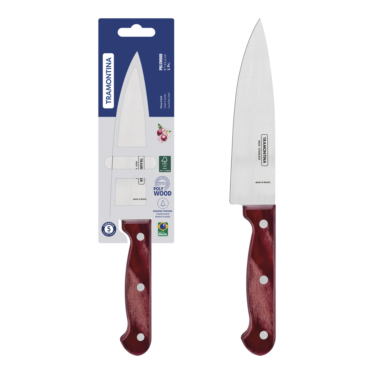 Faca Chef Tramontina Polywood com Lâmina em Aço Inox e Cabo de Madeira Vermelho 6"