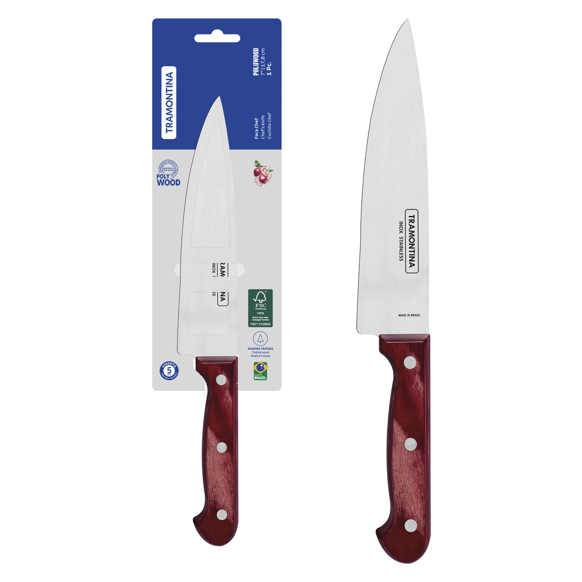 Faca Chef Tramontina Polywood com Lâmina em Aço Inox e Cabo de Madeira Tratada Vermelho 7"