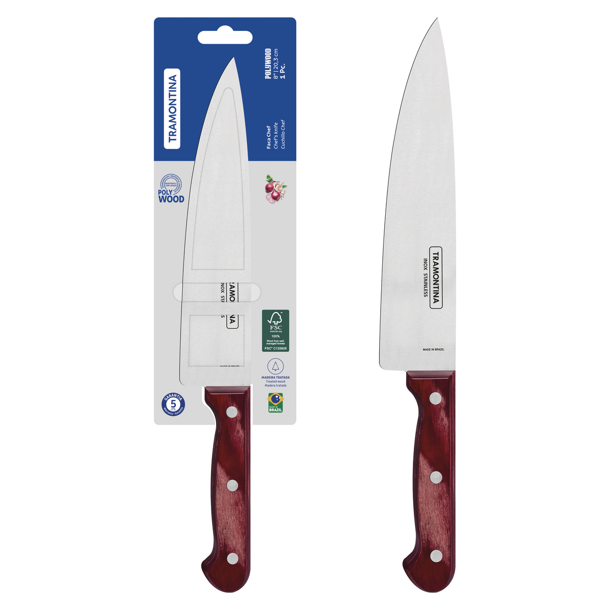 Faca Chef Tramontina Polywood com Lâmina em Aço Inox e Cabo de Madeira Tratada Vermelho 8"