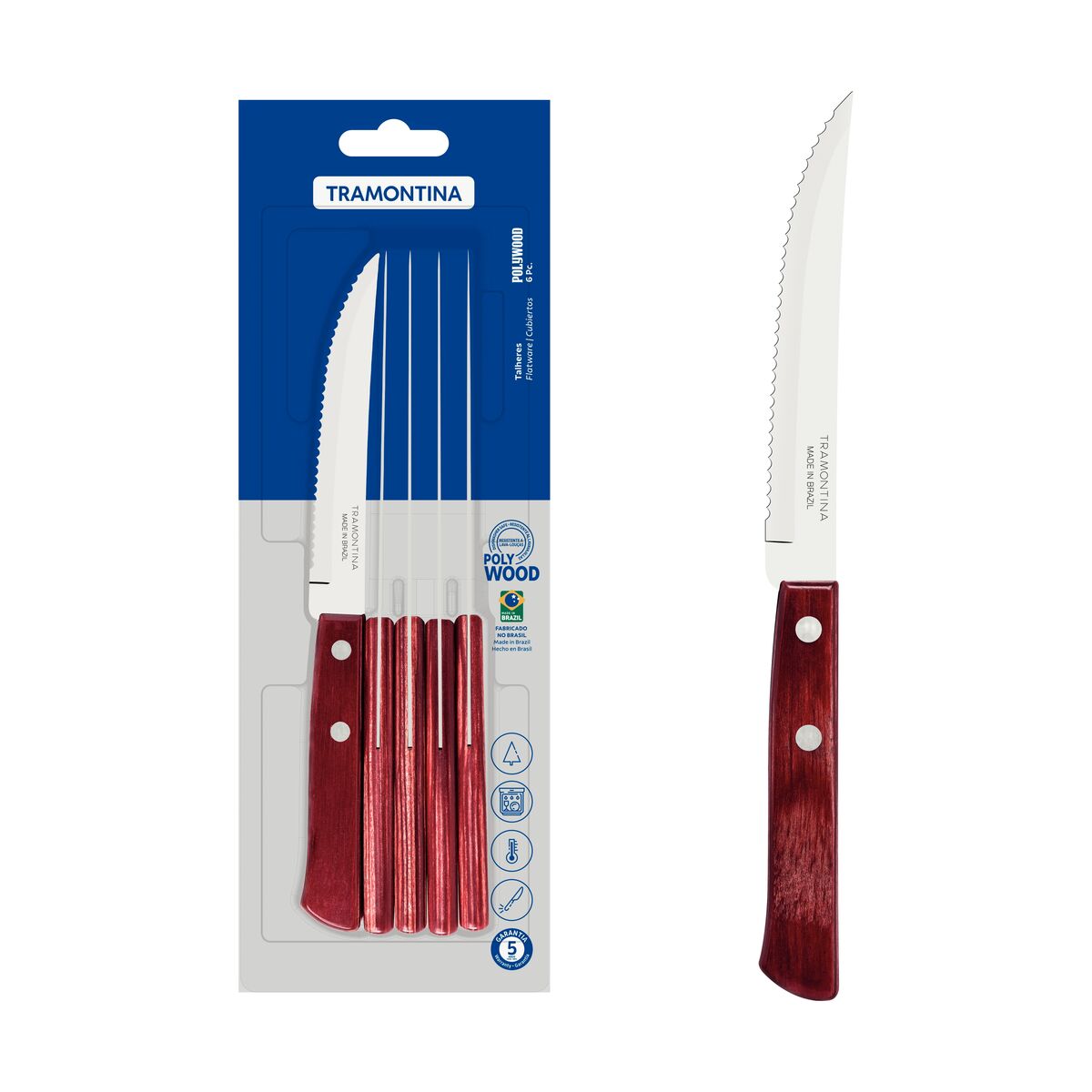 Conjunto de Facas para Churrasco Tramontina com Lâminas em Aço Inox e Cabos em Madeira Tratada Polywood Vermelho 6 Peças
