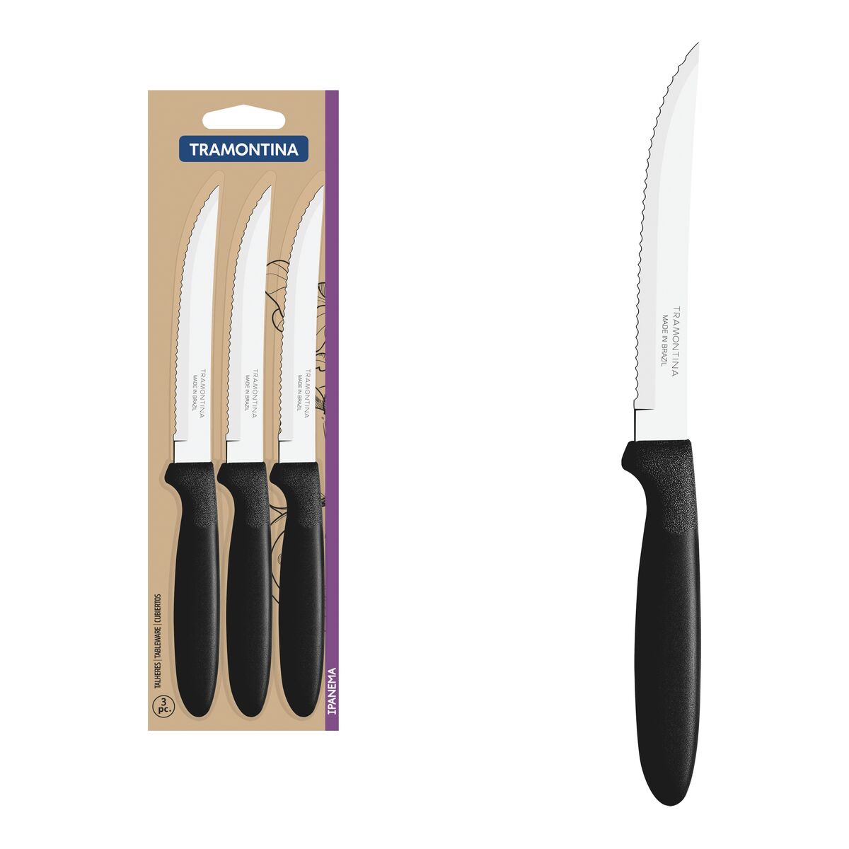 Conjunto de Facas para Churrasco Tramontina Ipanema com Lâminas em Aço Inox e Cabos de Polipropileno Preto 3 Peças
