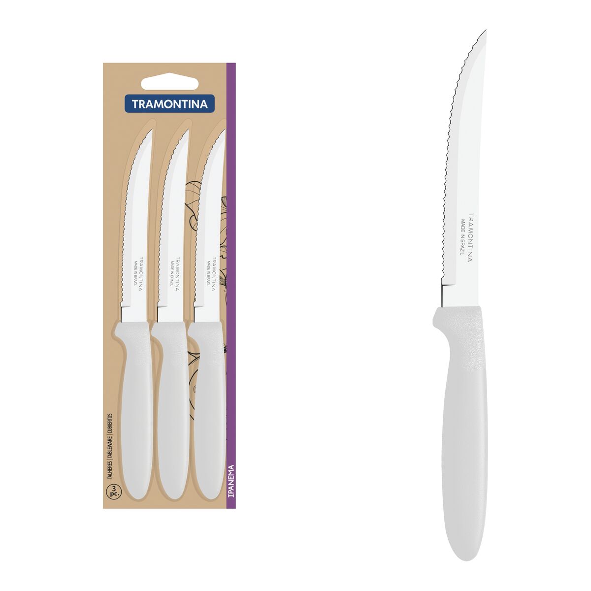Conjunto de Facas para Churrasco Tramontina Ipanema com Lâminas em Aço Inox e Cabos de Polipropileno Branco 3 Peças