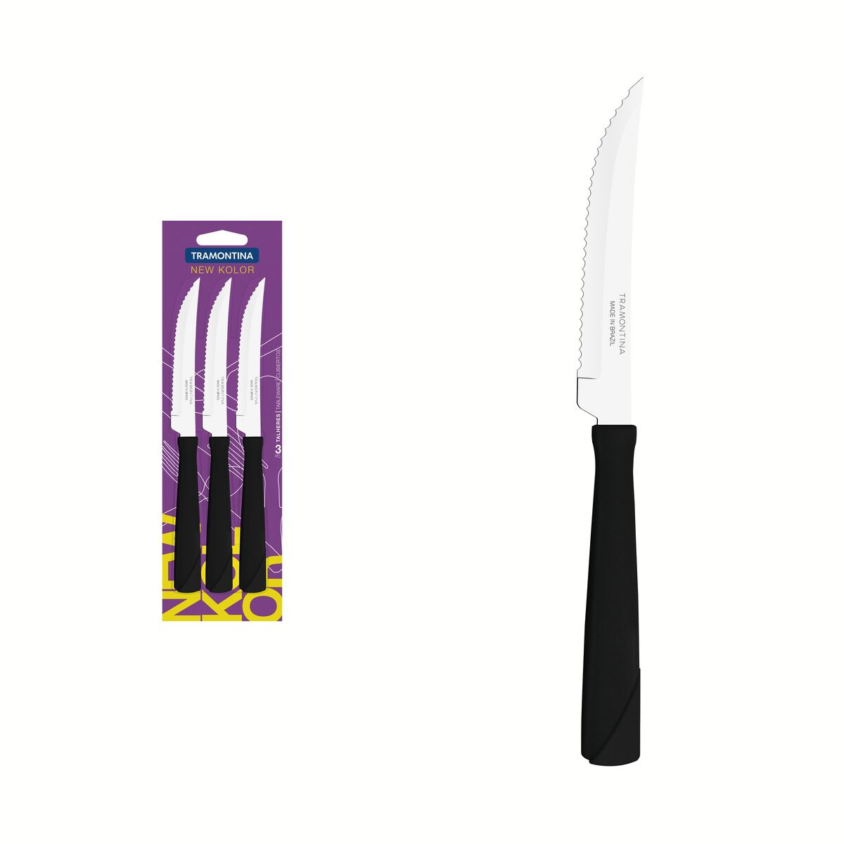 Conjunto de Facas para Churrasco Tramontina New Kolor com Lâminas em Aço Inox e Cabos de Polipropileno Preto 3 Peças