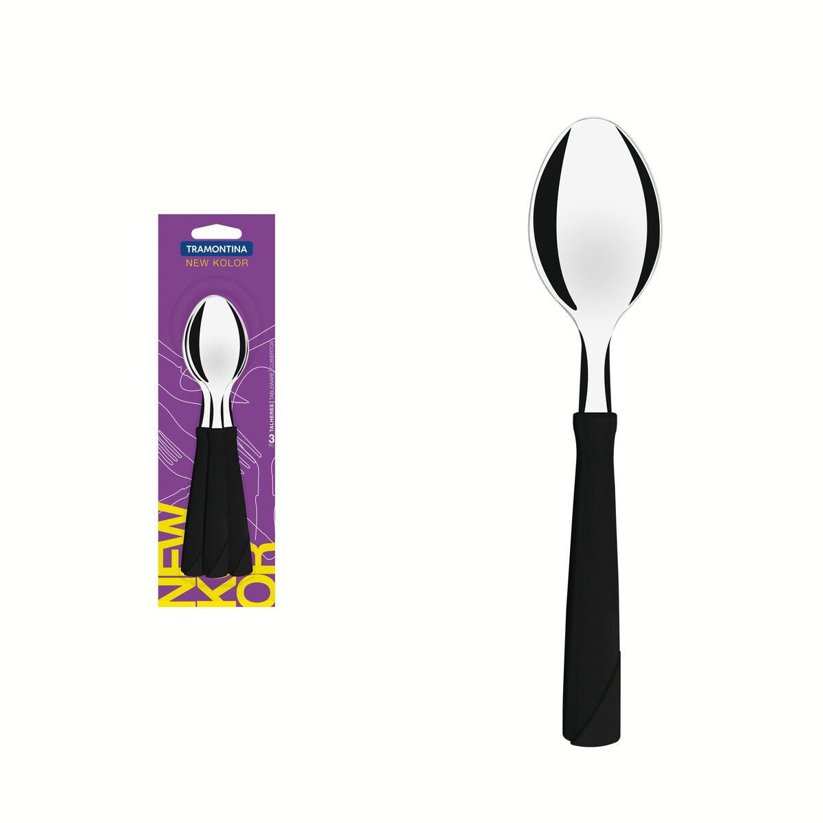 Conjunto de Colheres de Mesa Tramontina New Kolor com Lâminas em Aço Inox e Cabos de Polipropileno Preto 3 Peças