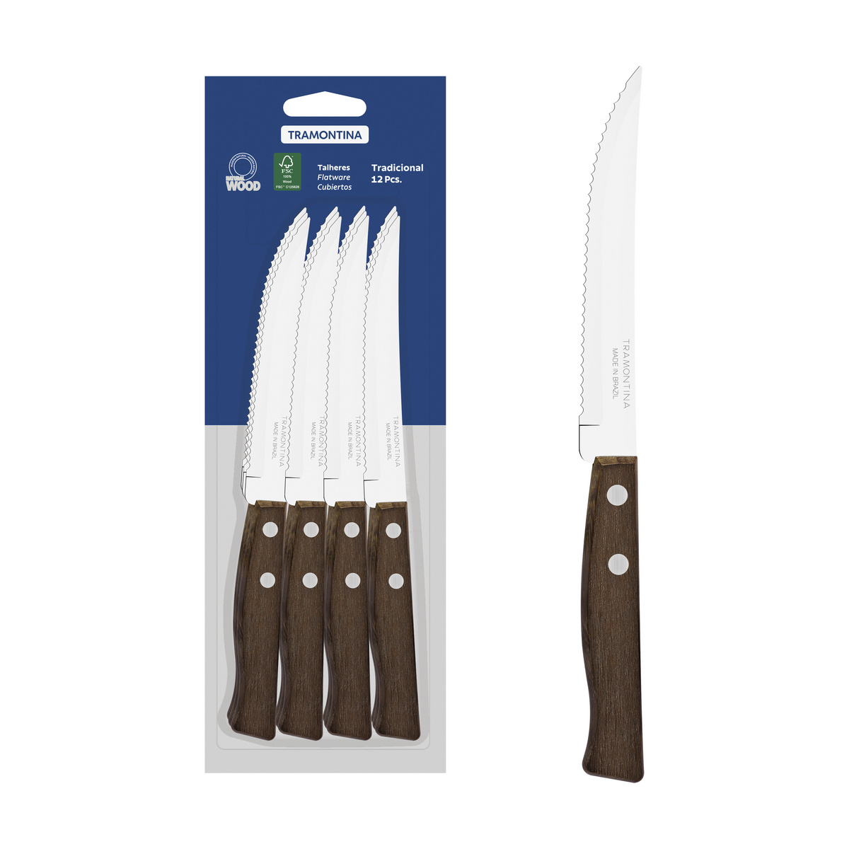 Conjunto de Facas para Churrasco e Frutas Tramontina Tradicional com Lâminas em Aço Inox e Cabos de Madeira Natural 12 Peças