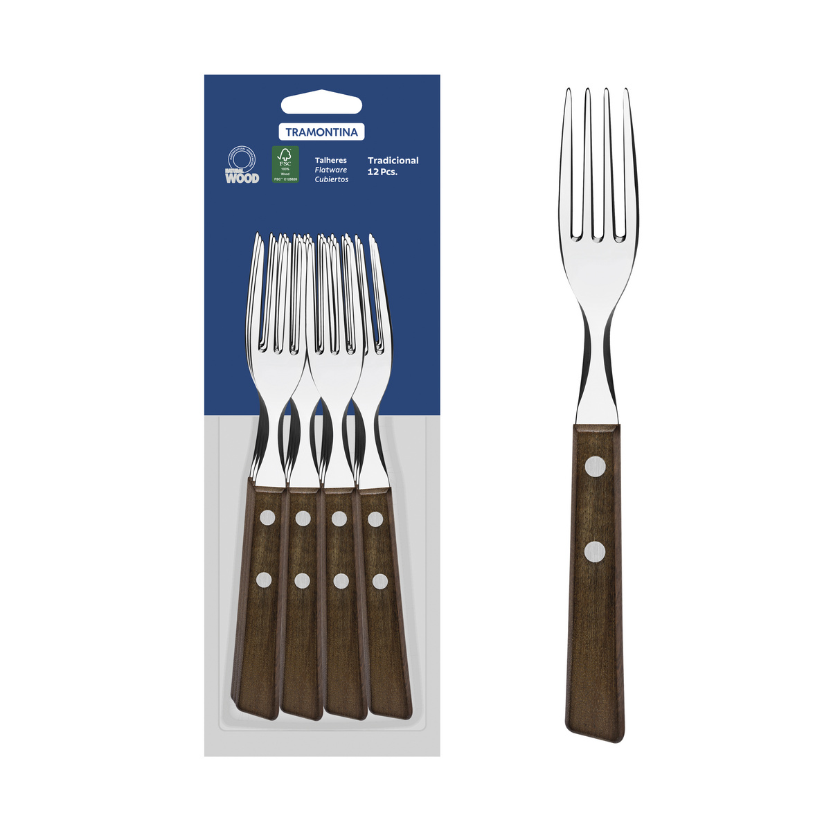Conjunto de Garfos de Mesa Tramontina Tradicional com Lâminas em Aço Inox e Cabos de Madeira Natural 12 Peças