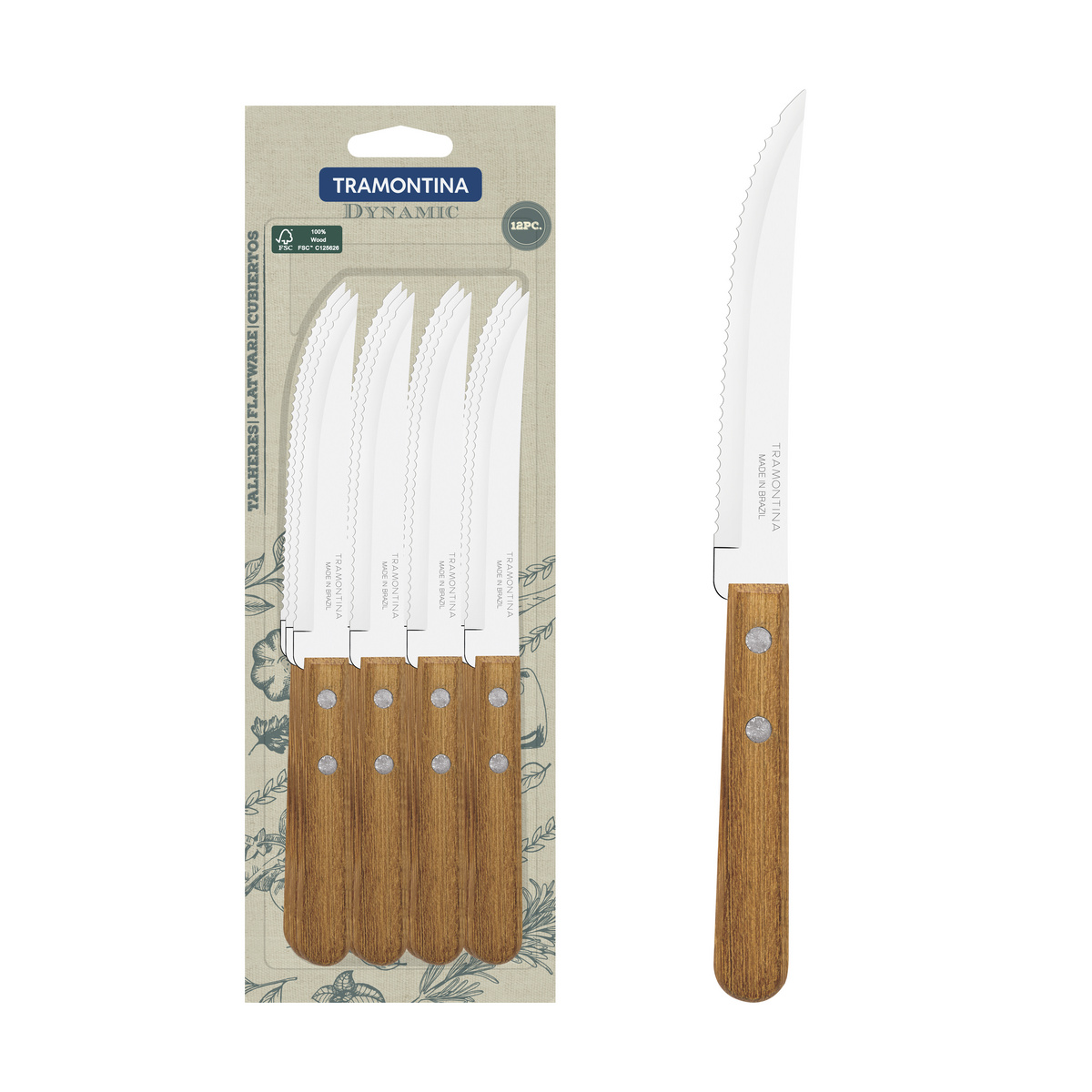 Conjunto de Facas para Churrasco e Frutas Tramontina Dynamic com Lâminas em Aço Inox e Cabos de Madeira Natural 12 Peças