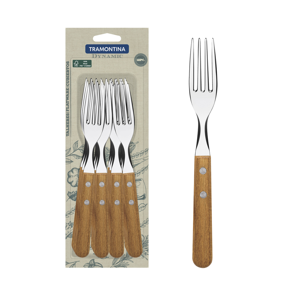 Conjunto de Garfos de Mesa Tramontina Dynamic com Lâminas em Aço Inox e Cabos de Madeira Natural 12 Peças