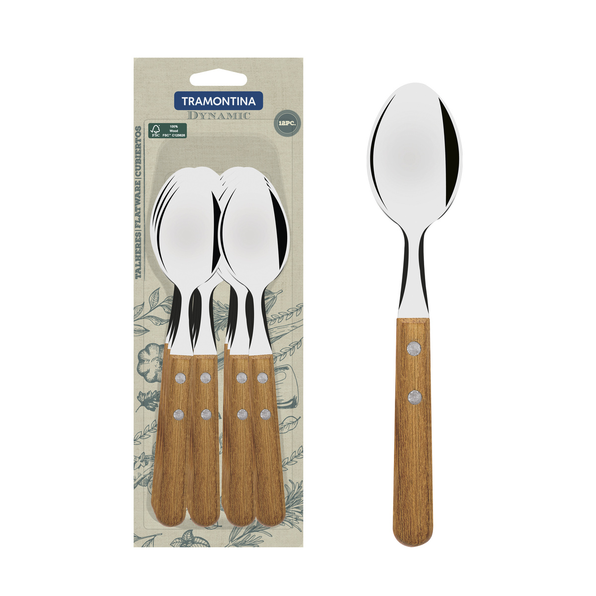 Conjunto de Colheres de Mesa Tramontina Dynamic com Lâminas em Aço Inox e Cabos de Madeira Natural 12 Peças