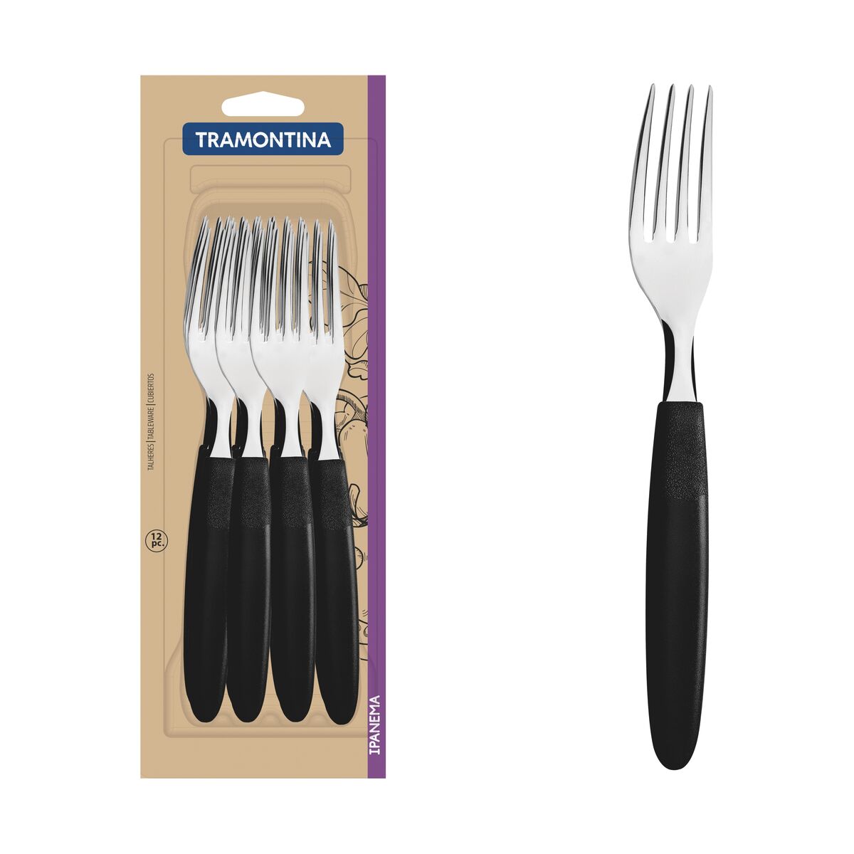 Conjunto de Garfos de Mesa Tramontina Ipanema com Lâminas em Aço Inox e Cabos de Polipropileno Preto 12 Peças