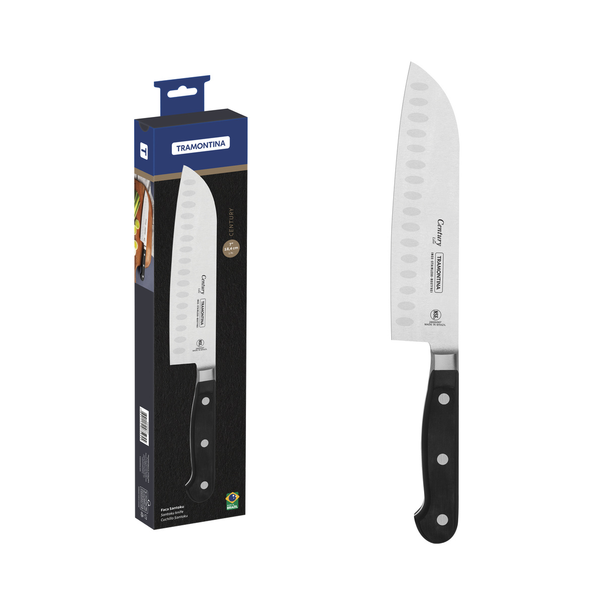 Faca Santoku Tramontina Century com Lâmina em Aço Inox e Cabo em Policarbonato Preto e Fibra de Vidro 7"