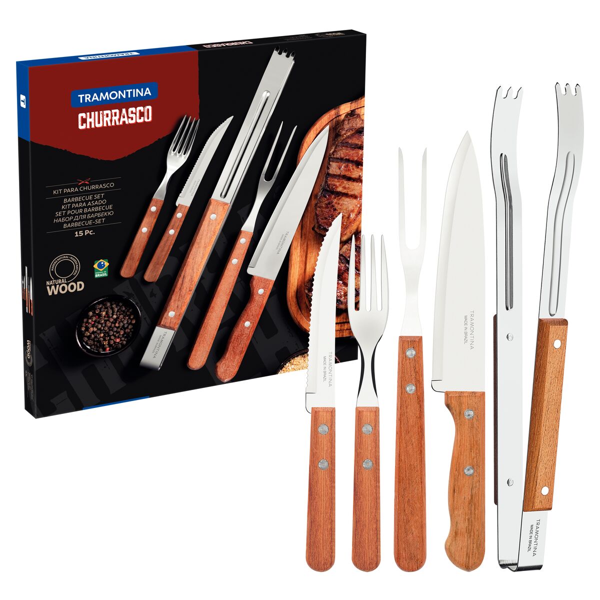 Kit para Churrasco Tramontina com Lâmina em Aço Inox e Cabos de Madeira Natural 15 Peças