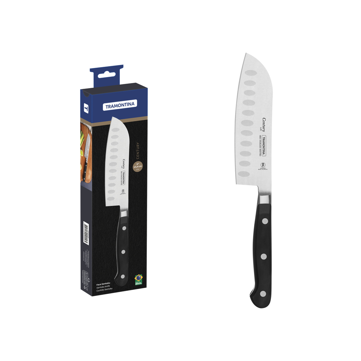 Faca Santoku Tramontina Century com Lâmina em Aço Inox e Cabo em Policarbonato Preto e Fibra de Vidro 5"