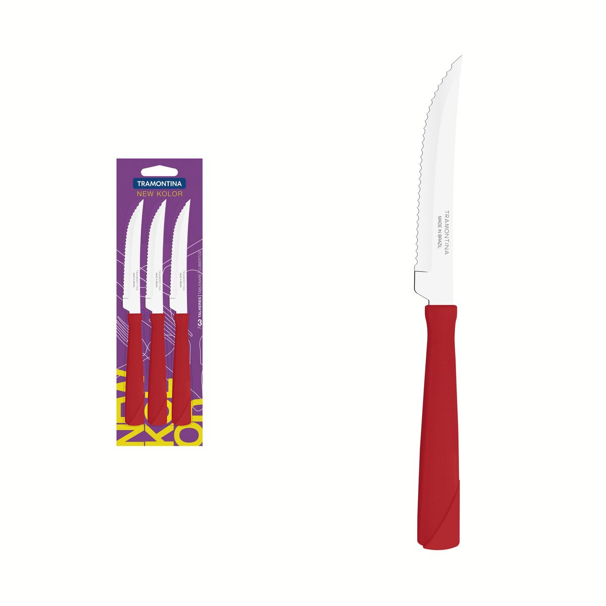 Conjunto de Facas para Churrasco Tramontina New Kolor com Lâminas em Aço Inox e Cabos de Polipropileno Vermelho 3 Peças