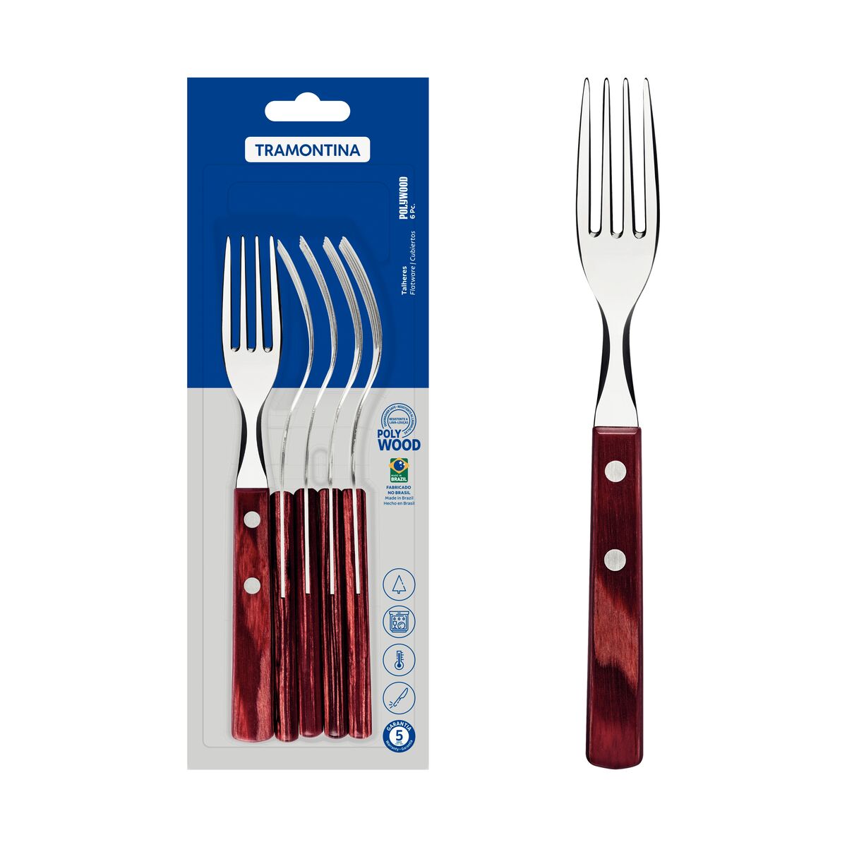 Conjunto de Garfos de Mesa Tramontina com Lâminas em Aço Inox e Cabos em Madeira Tratada Polywood Vermelho 6 Peças