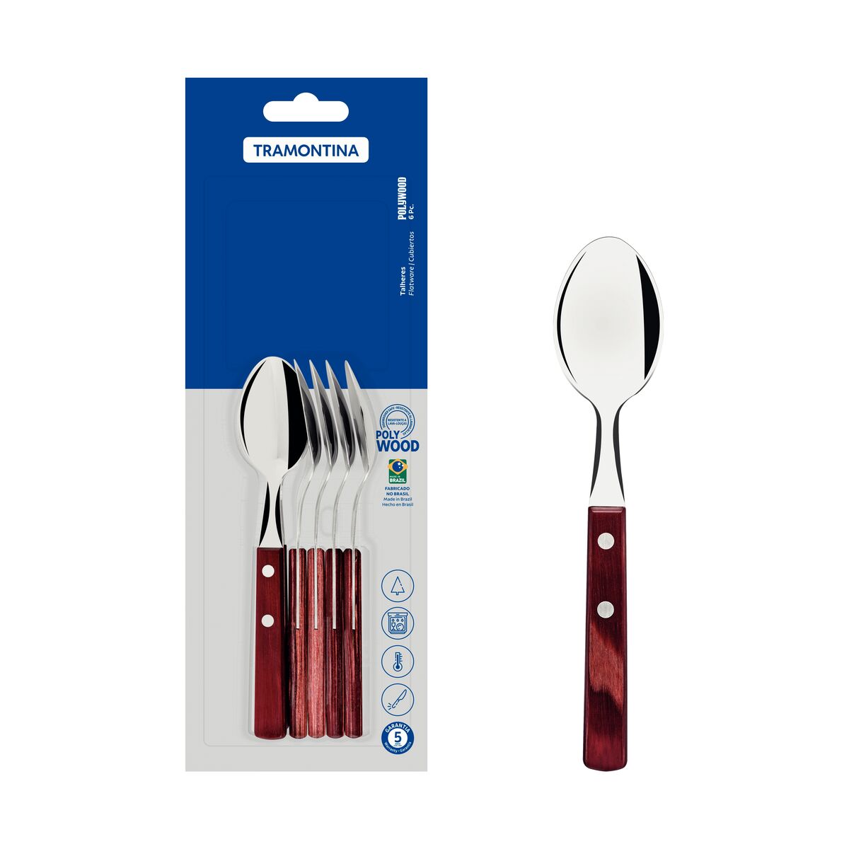 Conjunto de Colheres para Chá Tramontina com Lâminas em Aço Inox e Cabos em Madeira Tratada Polywood Vermelho 6 Peças