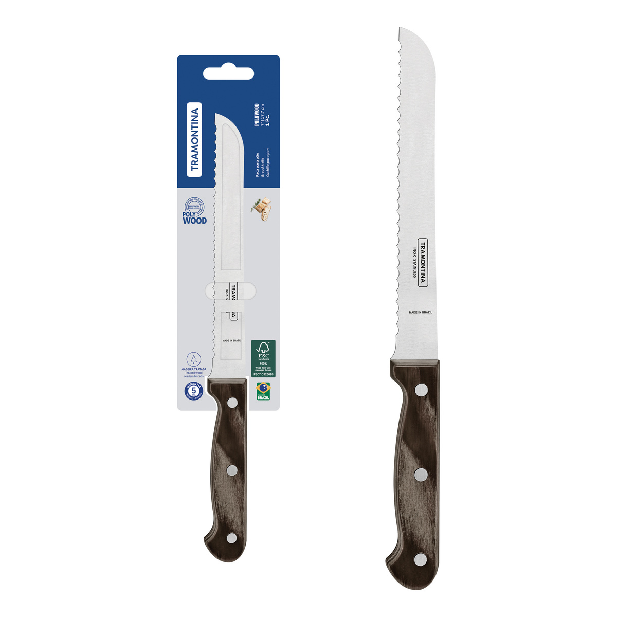 Faca para Pão Tramontina Polywood com Lâmina em Aço Inox e Cabo de Madeira Tratada Castanho 7"
