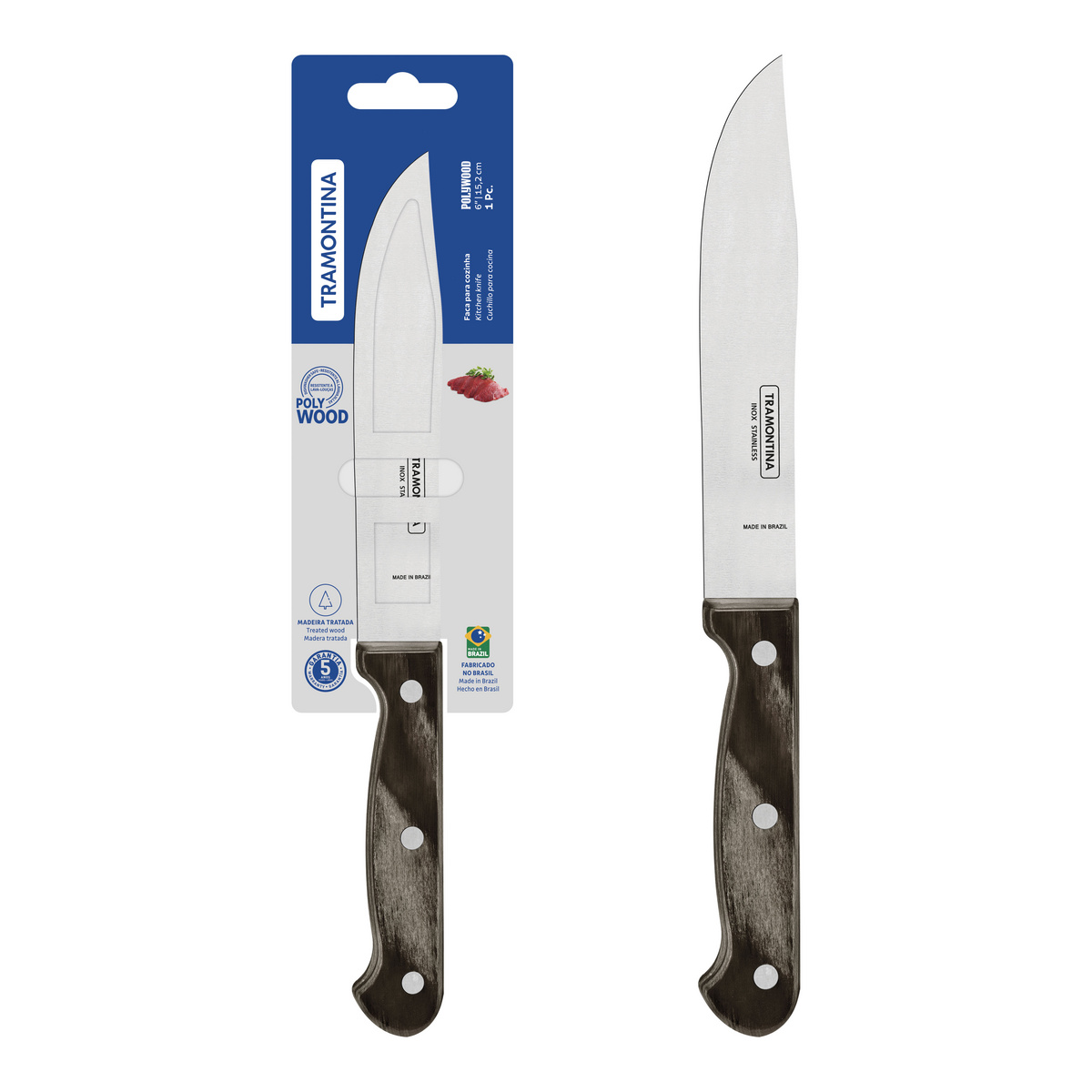 Faca para Cozinha Tramontina Polywood com Lâmina em Aço Inox e Cabo de Madeira Tratada Castanho 6"