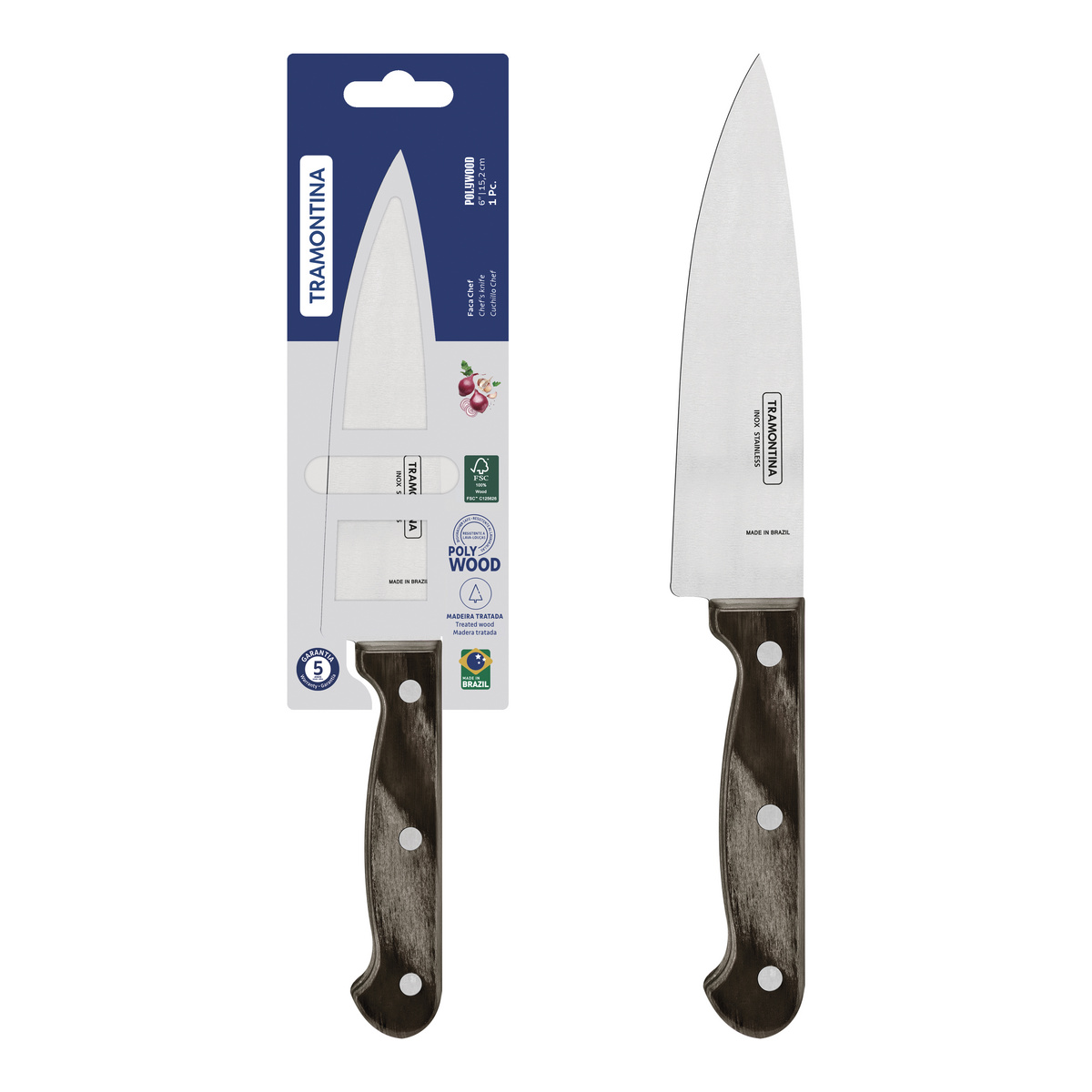 Faca Chef Tramontina Polywood com Lâmina em Aço Inox e Cabo de Madeira Tratada Castanho 6"