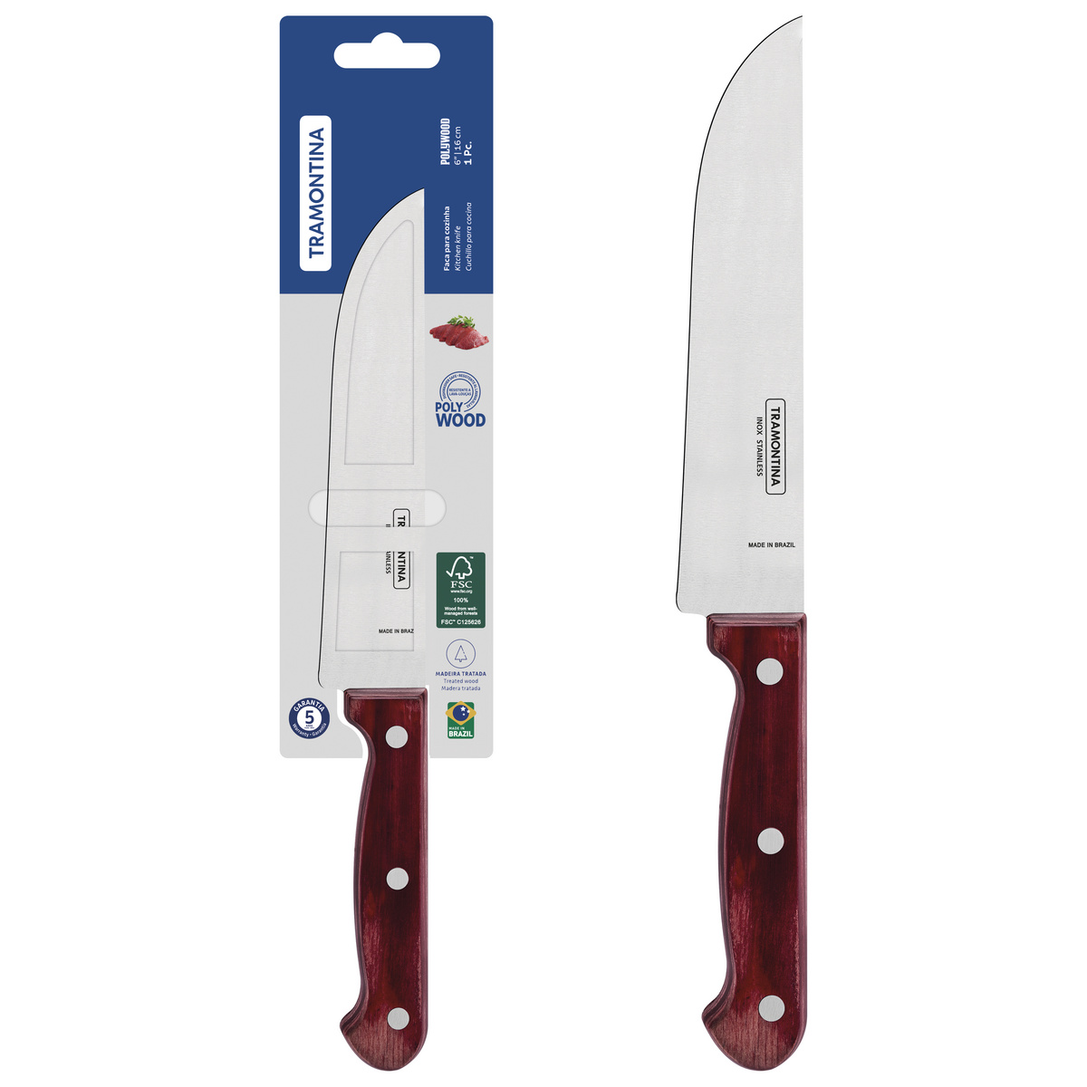 Faca para Cozinha Tramontina Polywood com Lâmina de Aço Inox e Cabo de Madeira Tratada Vermelho 6"