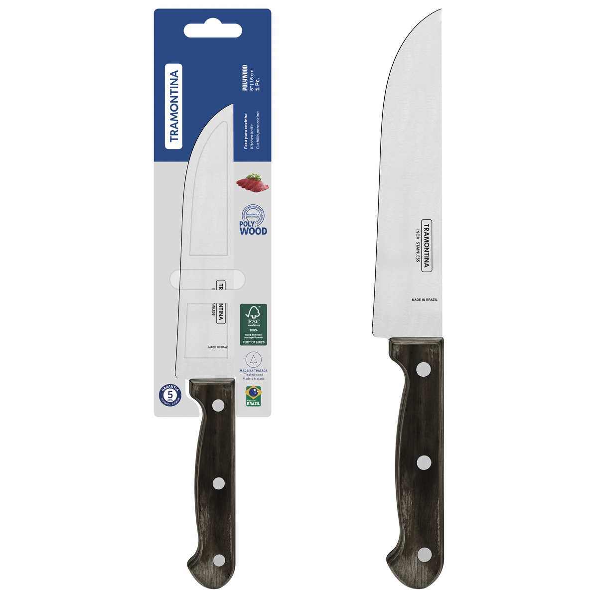 Faca para Cozinha Tramontina Polywood com Lâmina de Aço Inox e Cabo de Madeira Tratada Castanho 6"