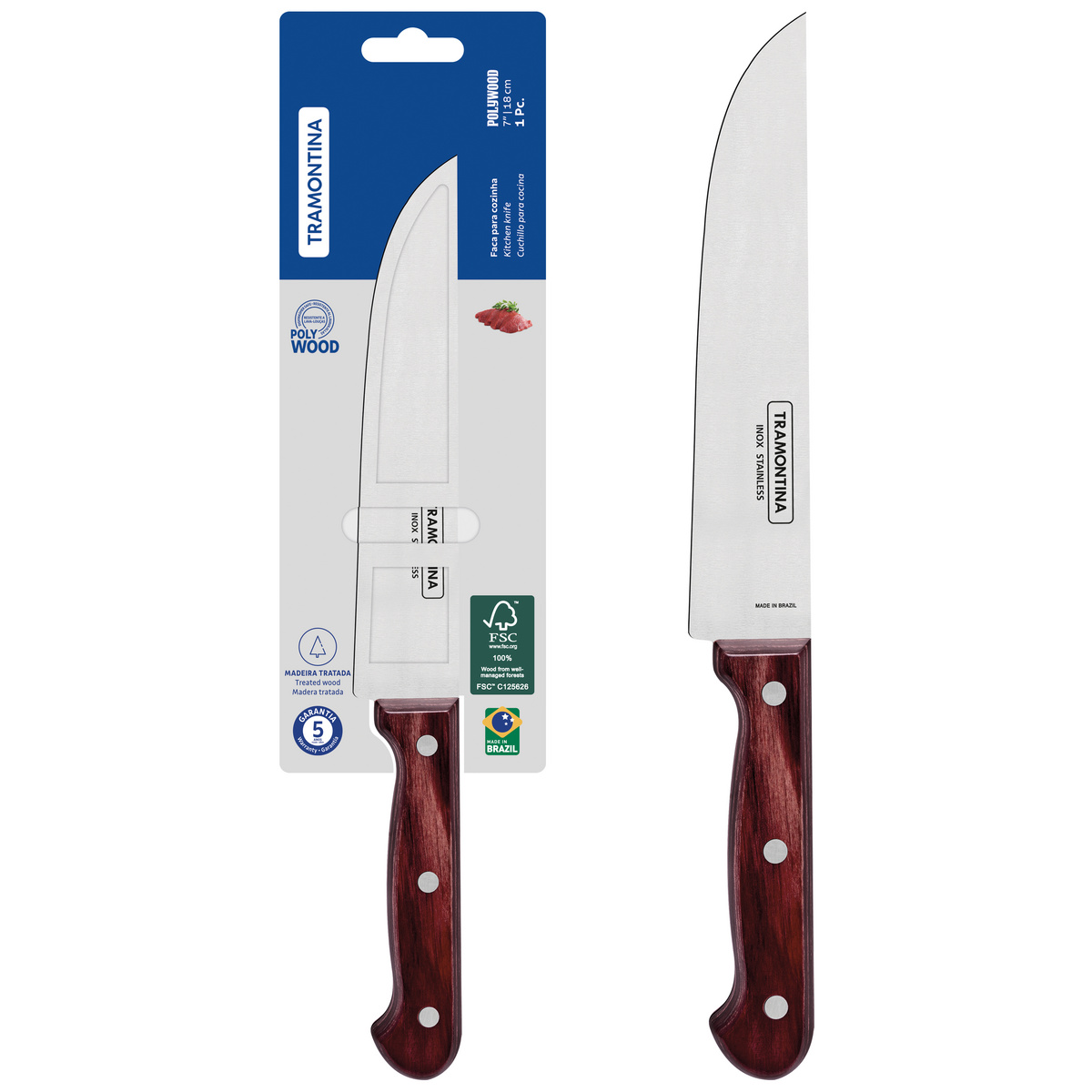 Faca para Cozinha Tramontina Polywood com Lâmina em Aço Inox e Cabo de Madeira Tratada Vermelho 7"