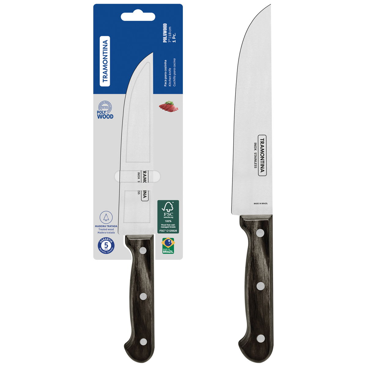 Faca para Cozinha Tramontina Polywood com Lâmina em Aço Inox e Cabo de Madeira Tratada Castanho 7"