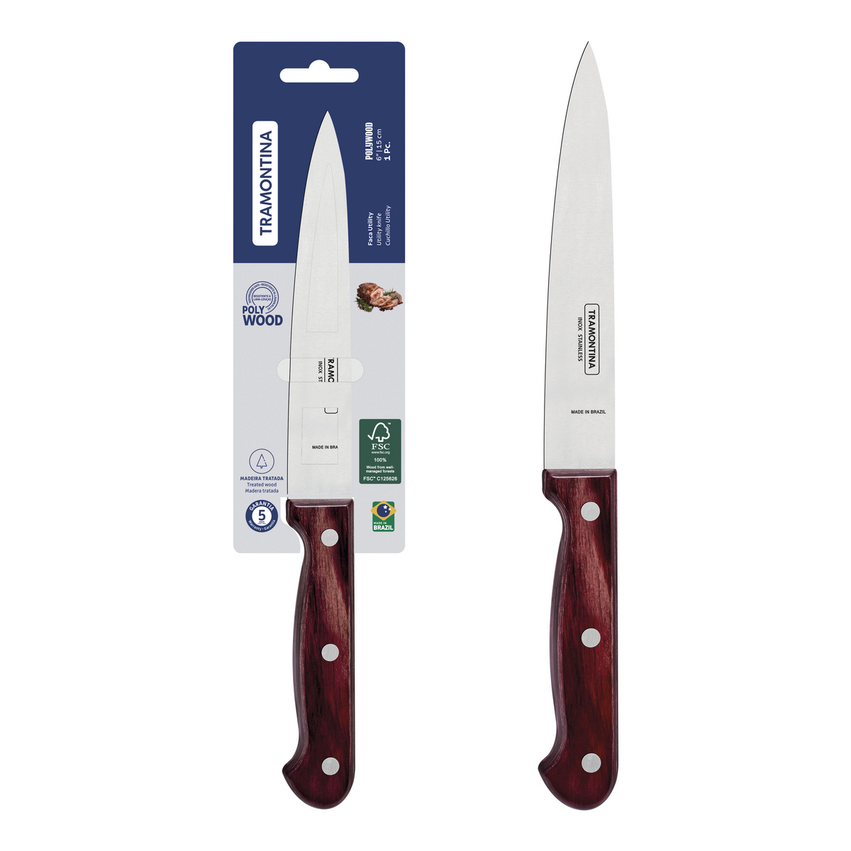 Faca Utility Tramontina Polywood com Lâmina em Aço Inox e Cabo de Madeira Tratada Vermelho 6"