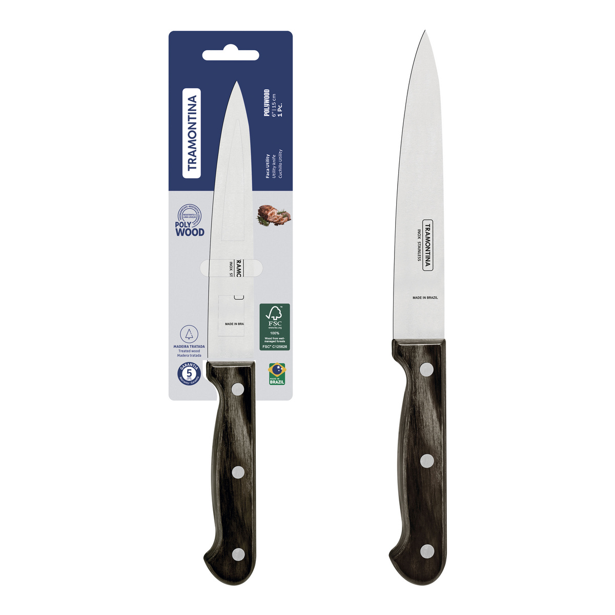 Faca Utility Tramontina Polywood com Lâmina em Aço Inox e Cabo de Madeira Tratada Castanho 6"