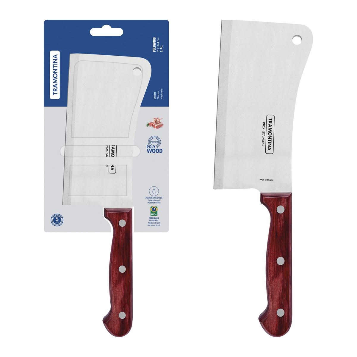 Cutelo Tramontina Polywood com Lâmina em Aço Inox e Cabo de Madeira Tratada Vermelho 6"