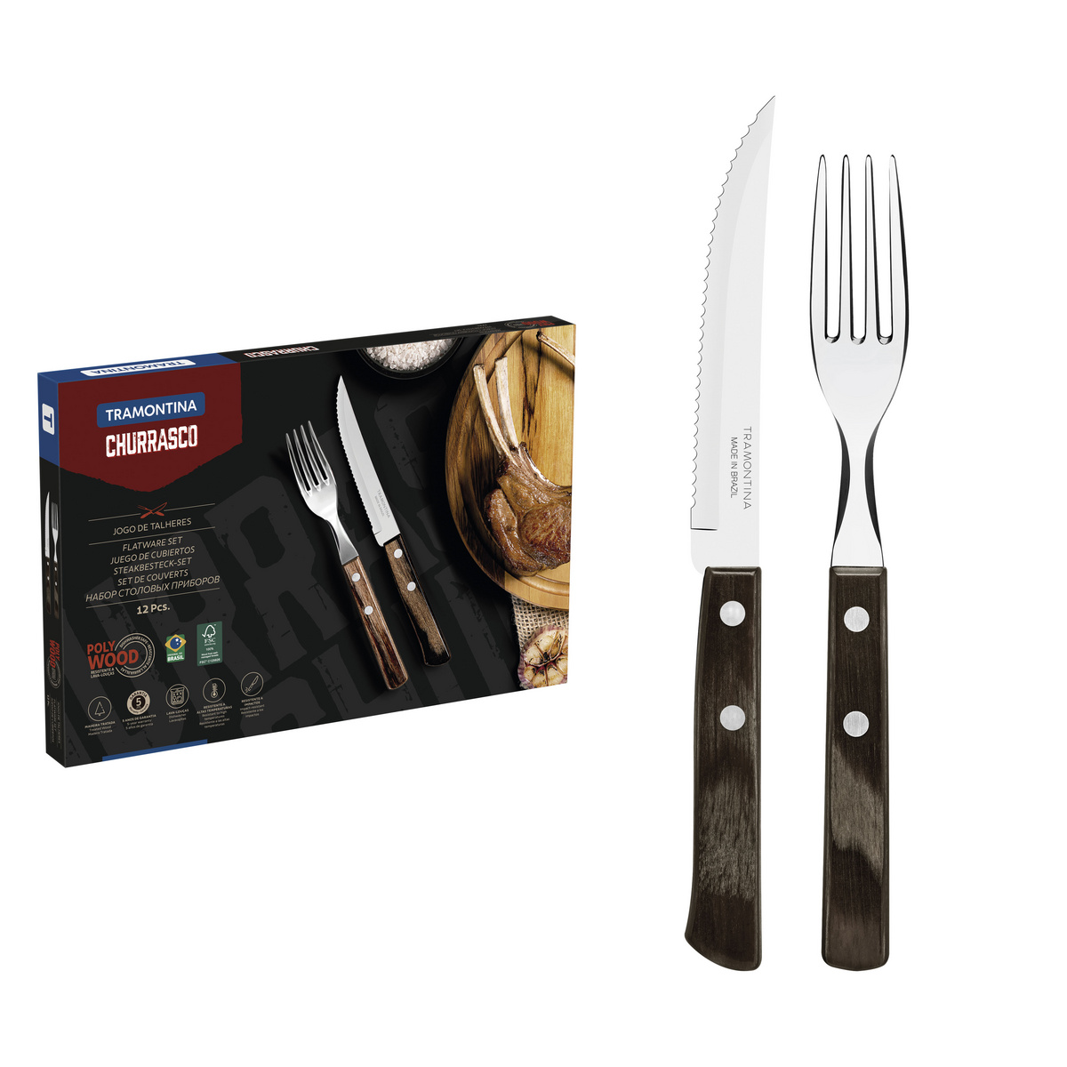 Jogo de Talheres para Churrasco Tramontina em Aço Inox com Cabo Castanho Polywood 12 Peças