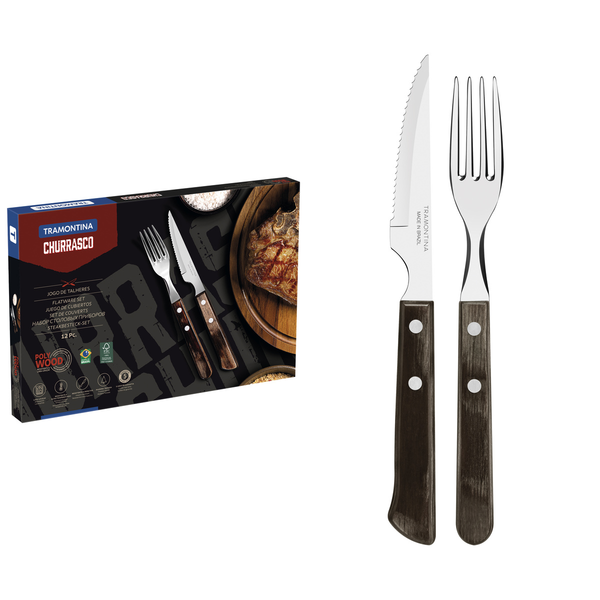 Jogo de Talheres para Churrasco Tramontina em Aço Inox com Cabo Castanho Polywood 12 Peças