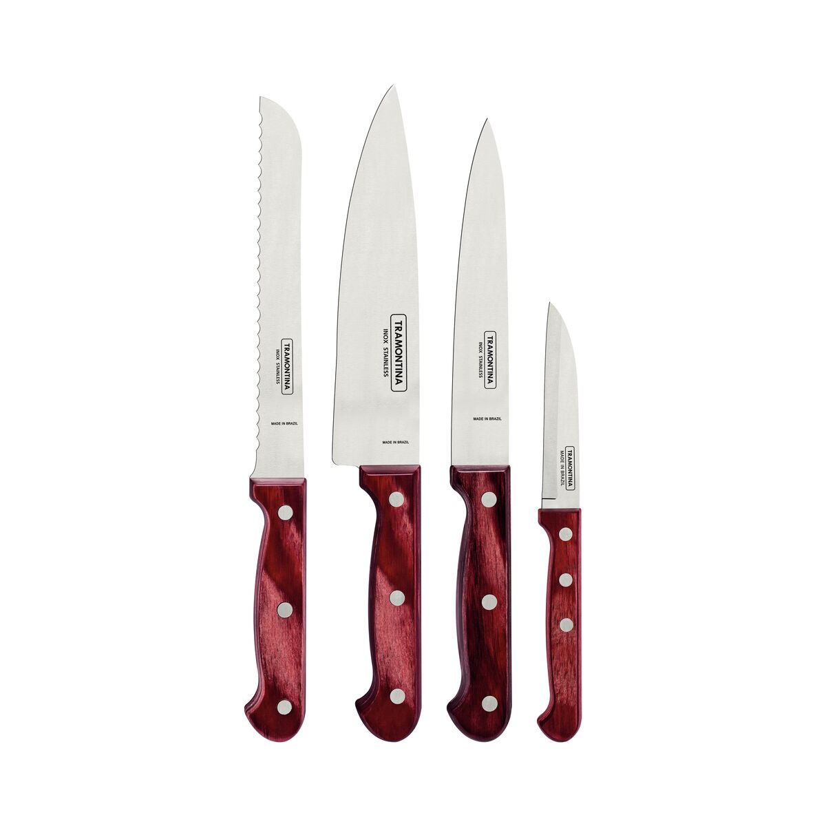 Jogo de Facas Tramontina Polywood com Lâminas em Aço Inox e Cabos de Madeira Tratada Vermelho 4 Peças