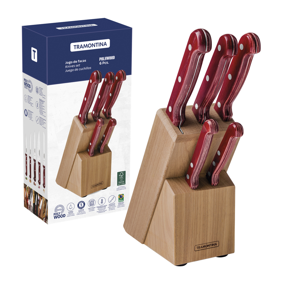 Jogo de Facas Tramontina Polywood com Lâminas em Aço Inox e Cabos de Madeira Tratada Vermelho com Suporte de Madeira 6 Peças
