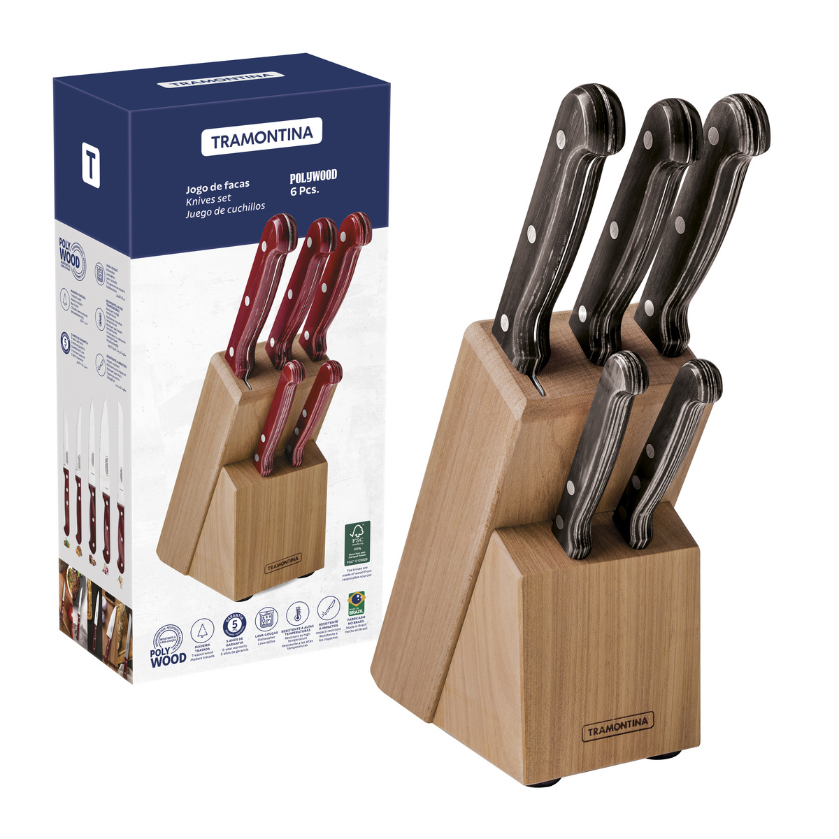 Jogo de Facas Tramontina Polywood com Lâminas em Aço Inox e Cabos de Madeira Tratada Castanho com Suporte de Madeira 6 Peças