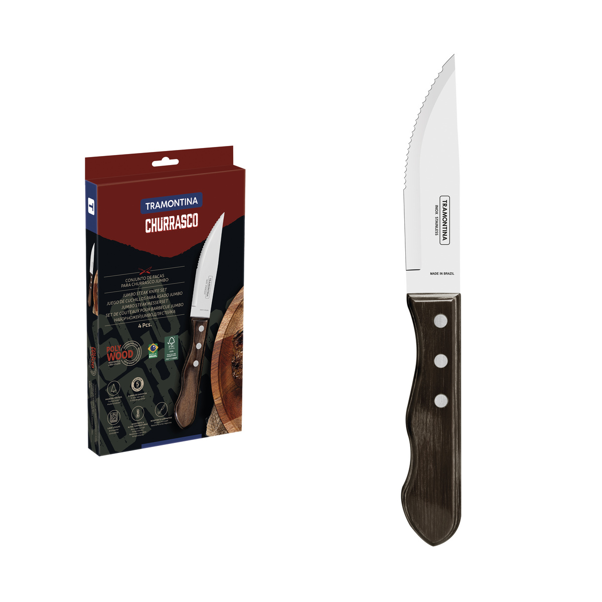 Conjunto de Facas para Churrasco Jumbo Tramontina em Aço Inox com Cabo Castanho Polywood 4 Peças